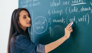 Woman at chalkboard teaching language classes.